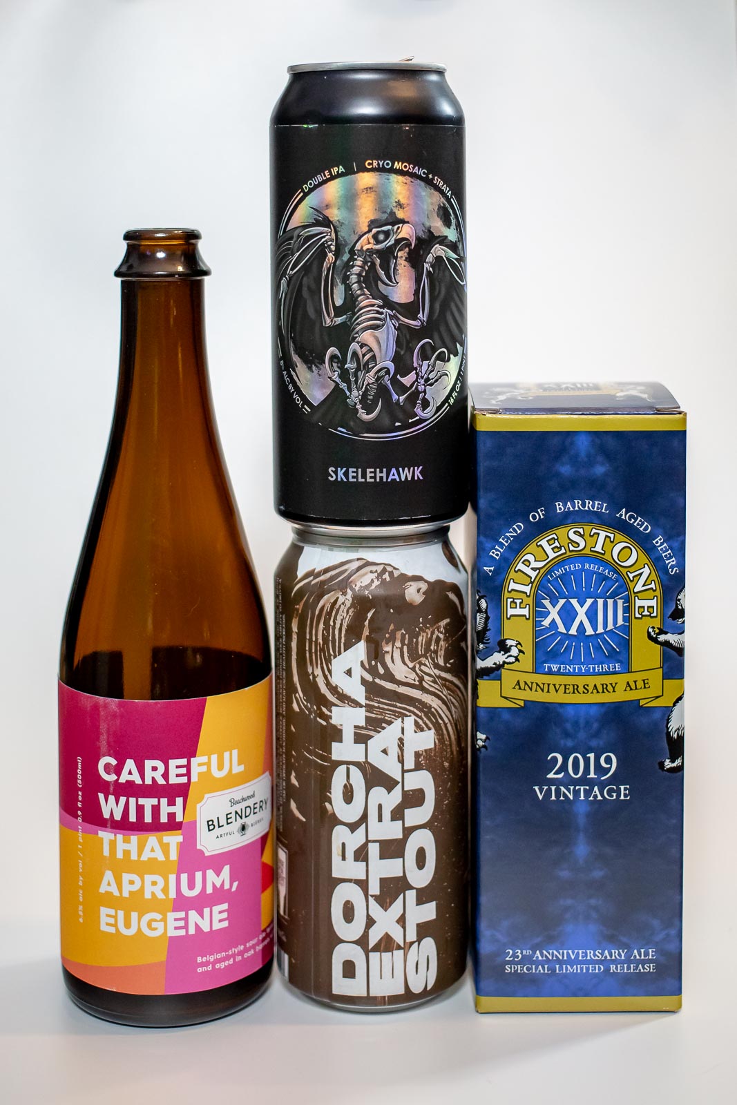 Pictured: Beers from Parish Brewing, Horus Aged Ales, Pariah Brewing, Beachwood Blendery, and Firestone Walker Brewing Company.