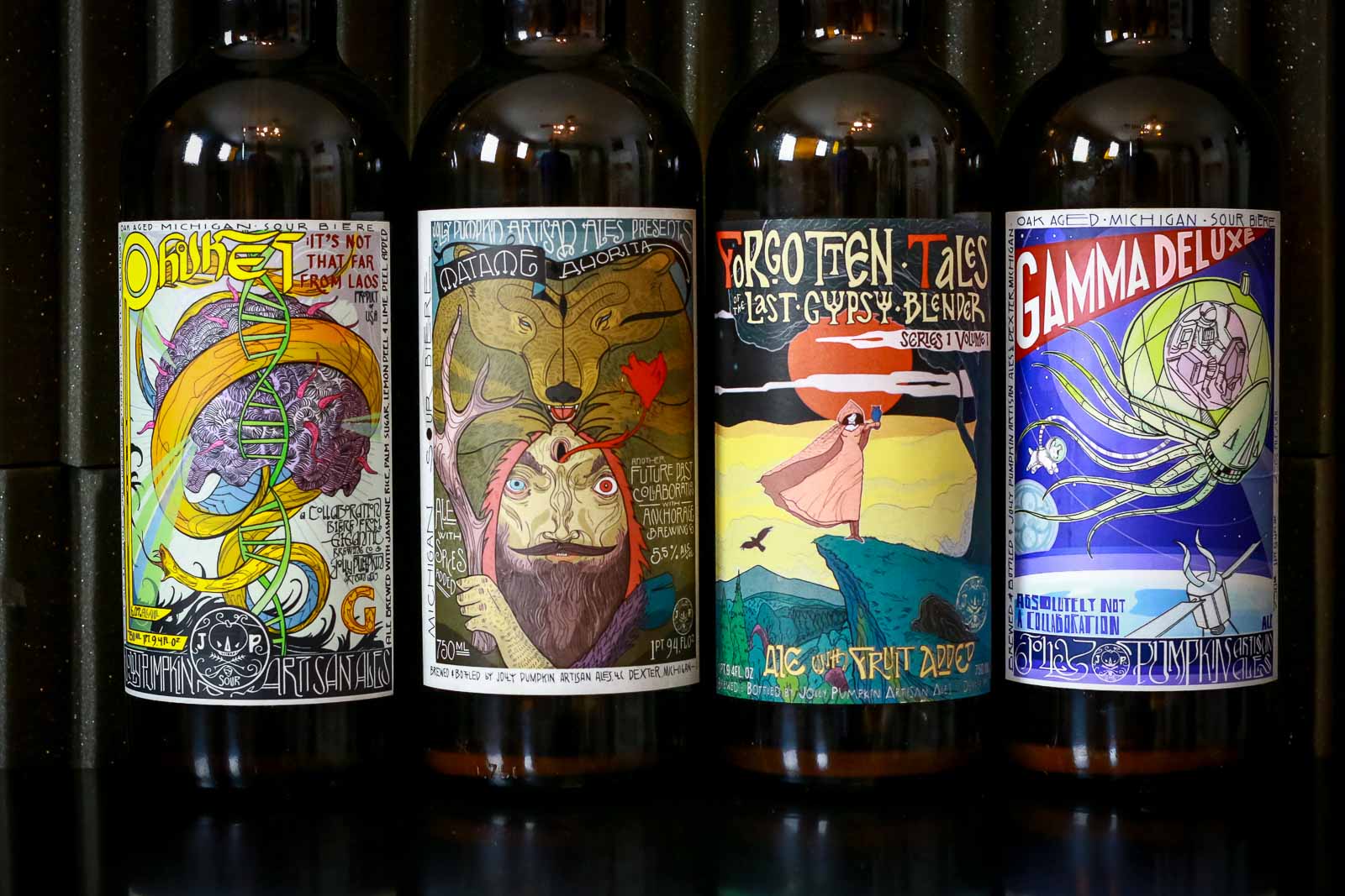 Four beers from Jolly Pumpkin with cool, bad-ass rock and roll inspired labels.