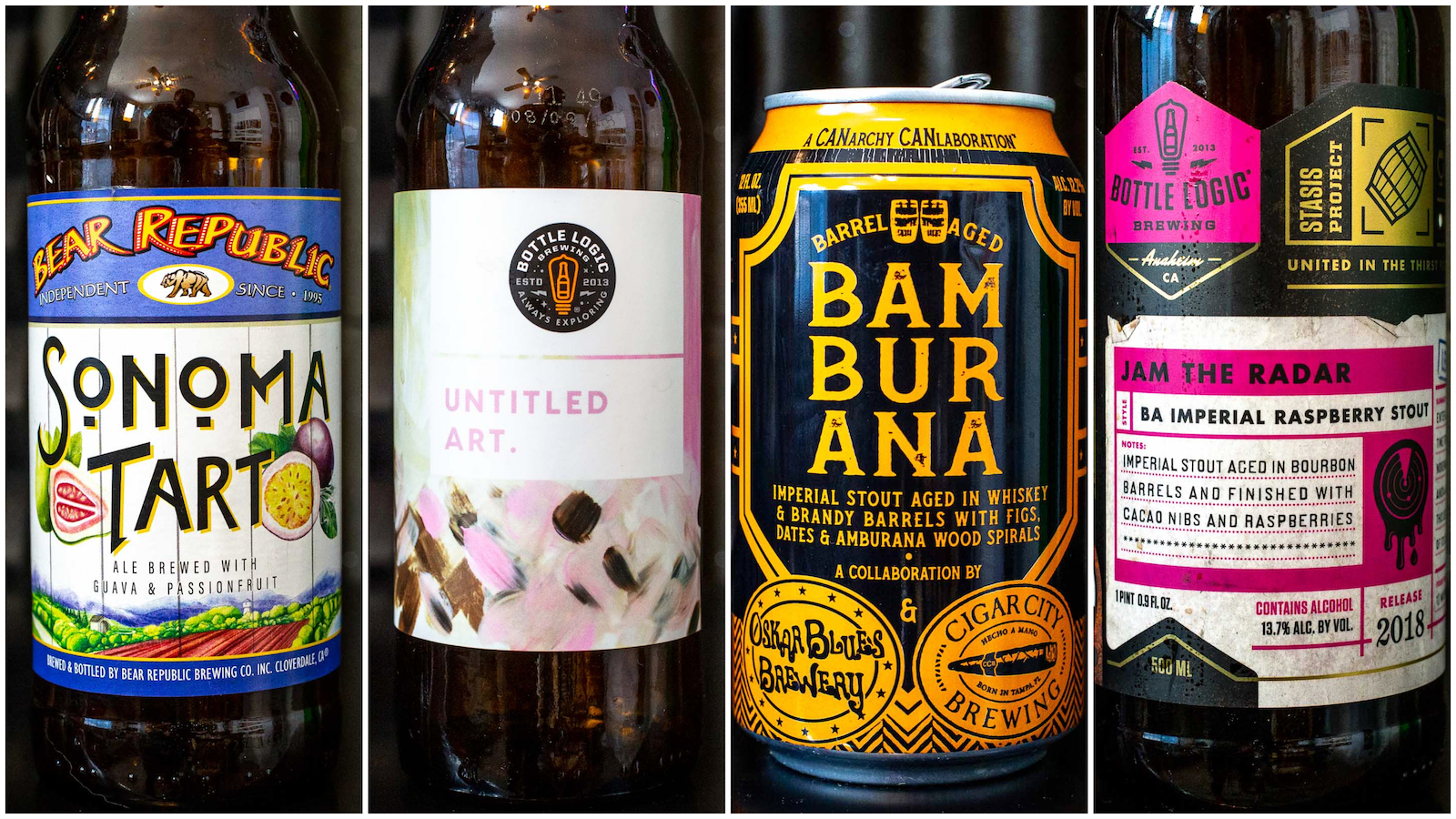 Pictured: Beers from Bear Republic, Oskar Blues, Untitled Art, and Bottle Logic Brewing.