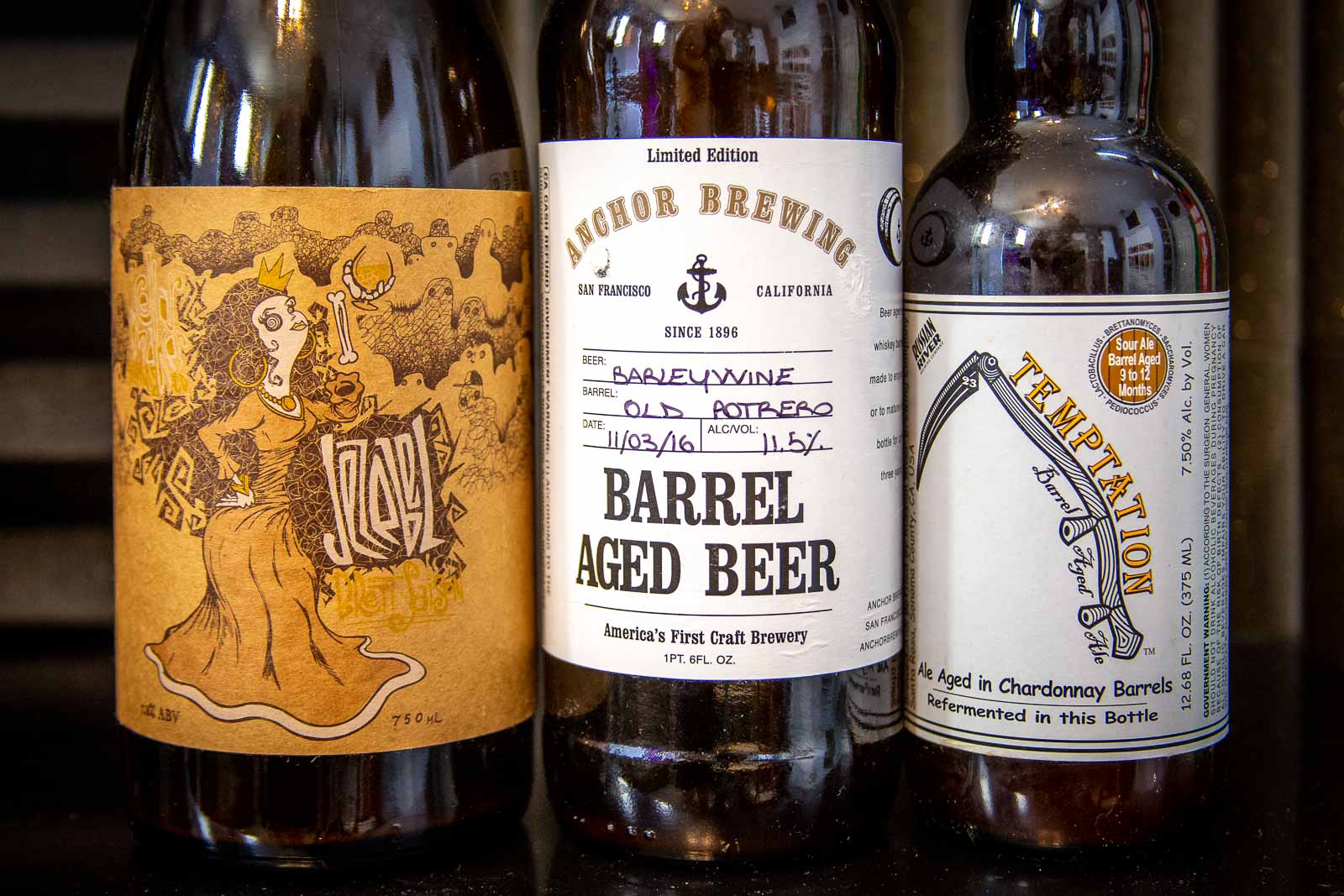 Pictured: Beers from Cellarmaker Brewing, Anchor Brewing, and Russian River Brewing.